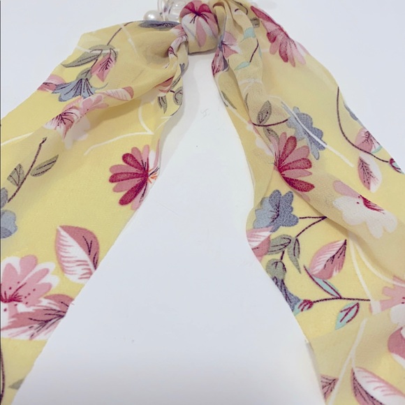 Yellow Floral Hair Scarf Coil Ponytail Holder With Faux Pearls - Picture 2 of 3